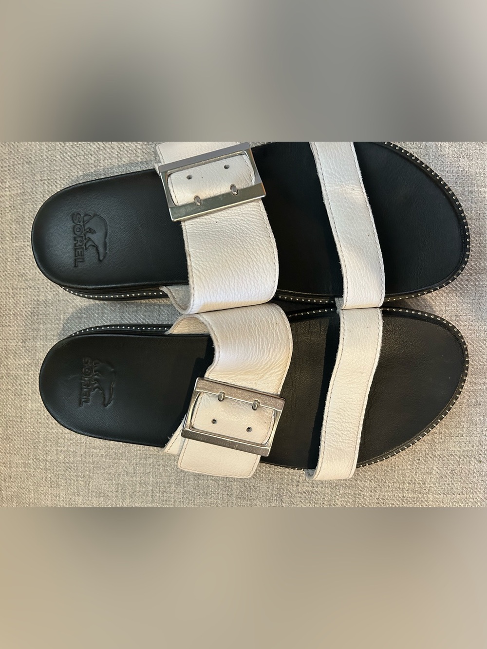 Sorel White and Black Buckled Slide Sandals